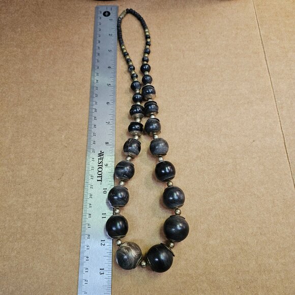 Vintage Chunky Dark Wood & Metal Bead Necklace - Picture 7 of 8